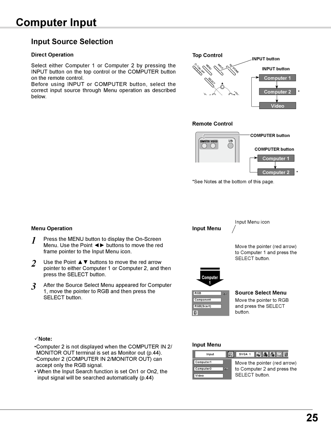 Sanyo PLC-WXE46 owner manual Computer Input, Input Source Selection, Input Menu, Source Select Menu 