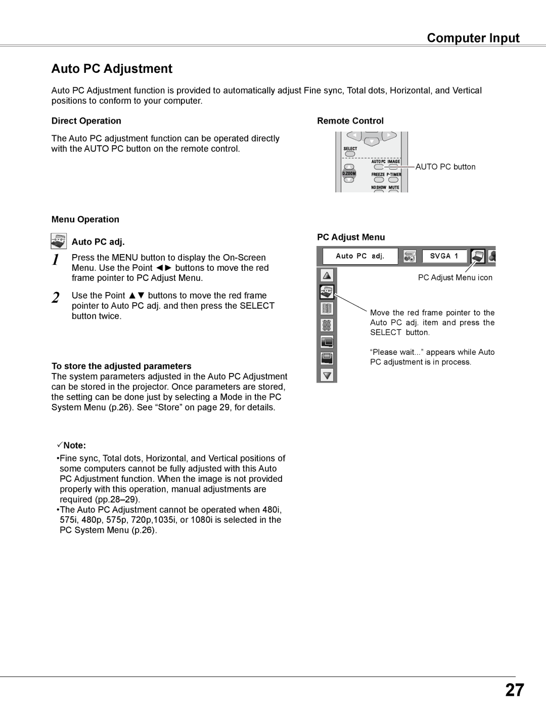 Sanyo PLC-WXE46 owner manual Computer Input Auto PC Adjustment, Direct Operation Remote Control, Menu Operation Auto PC adj 