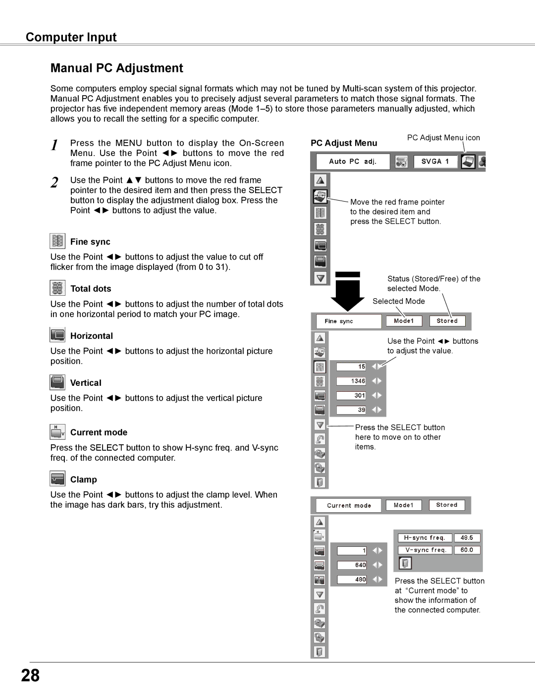 Sanyo PLC-WXE46 owner manual Computer Input Manual PC Adjustment 