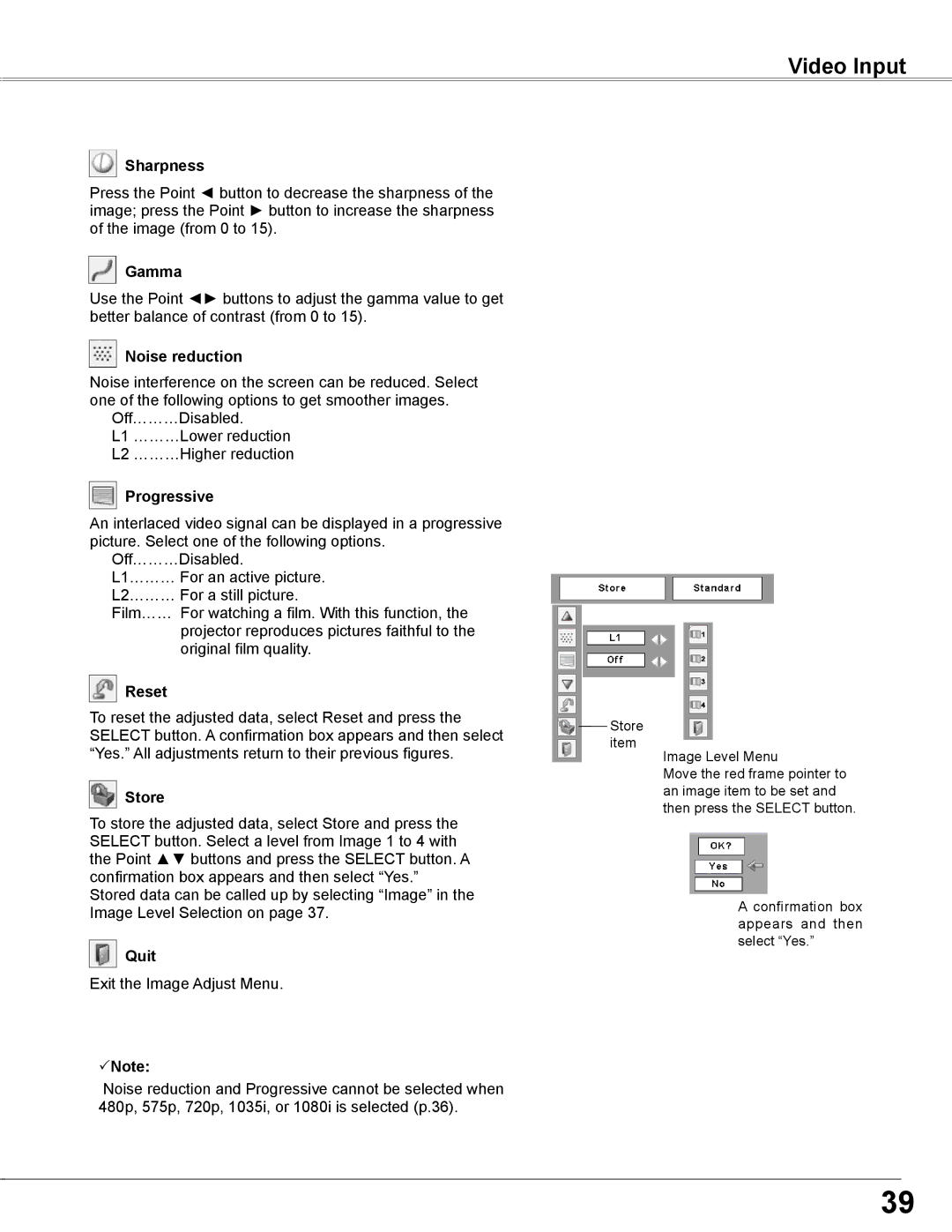 Sanyo PLC-WXE46 owner manual Video Input, Noise reduction, Progressive 