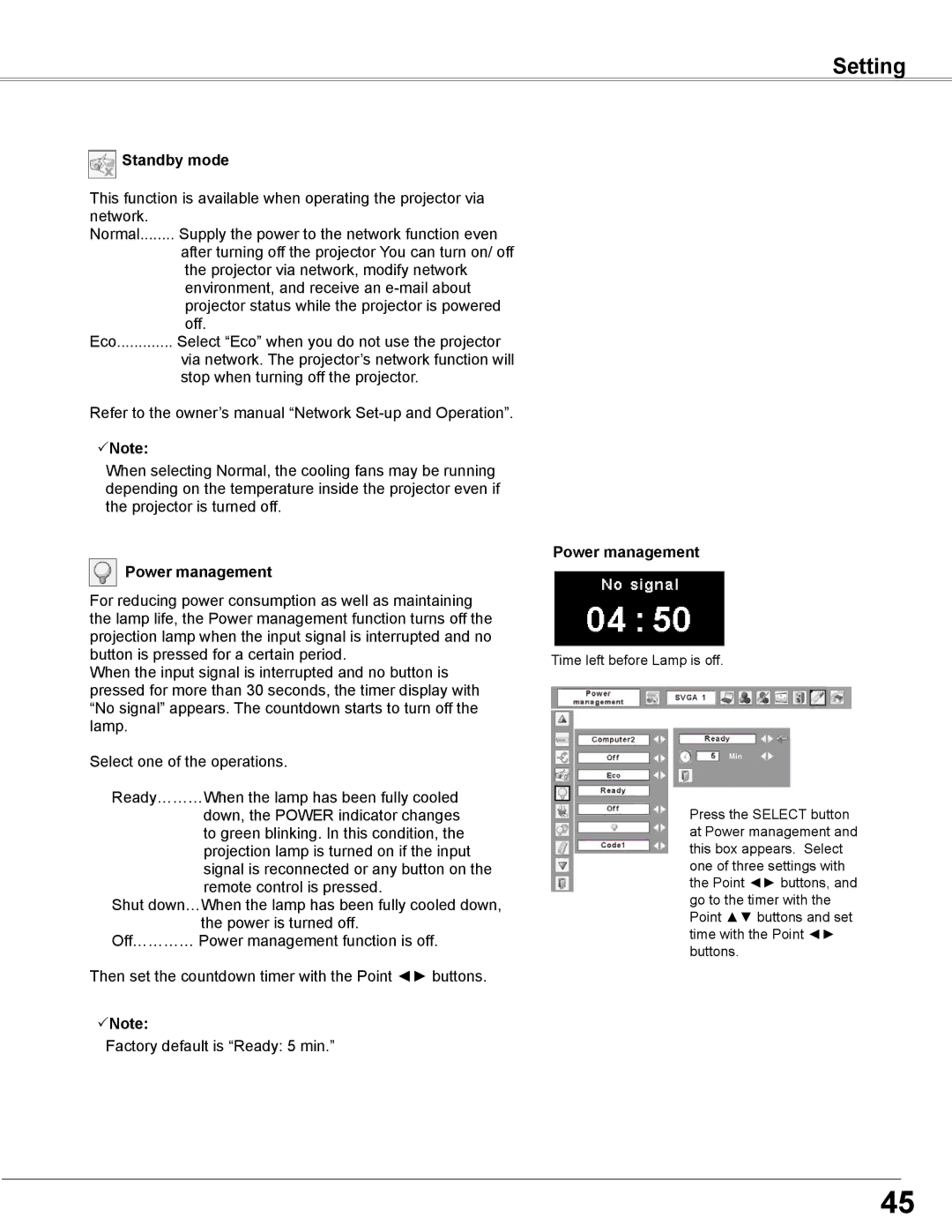 Sanyo PLC-WXE46 owner manual Standby mode, Power management 