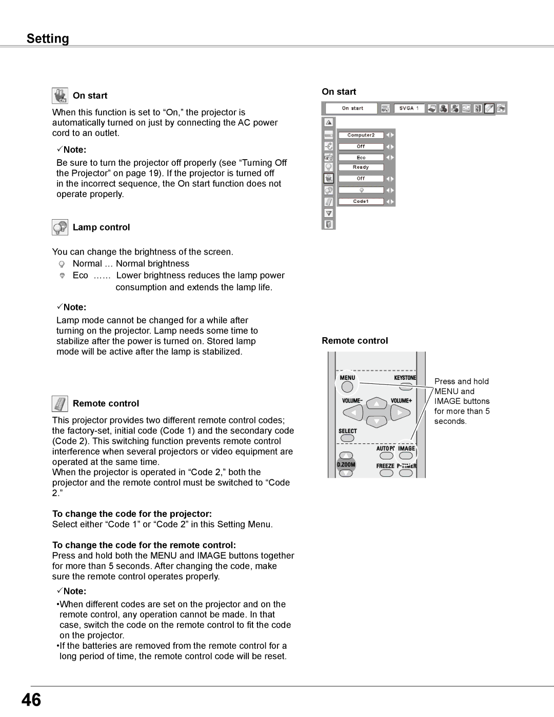 Sanyo PLC-WXE46 On start, Lamp control, To change the code for the projector, To change the code for the remote control 