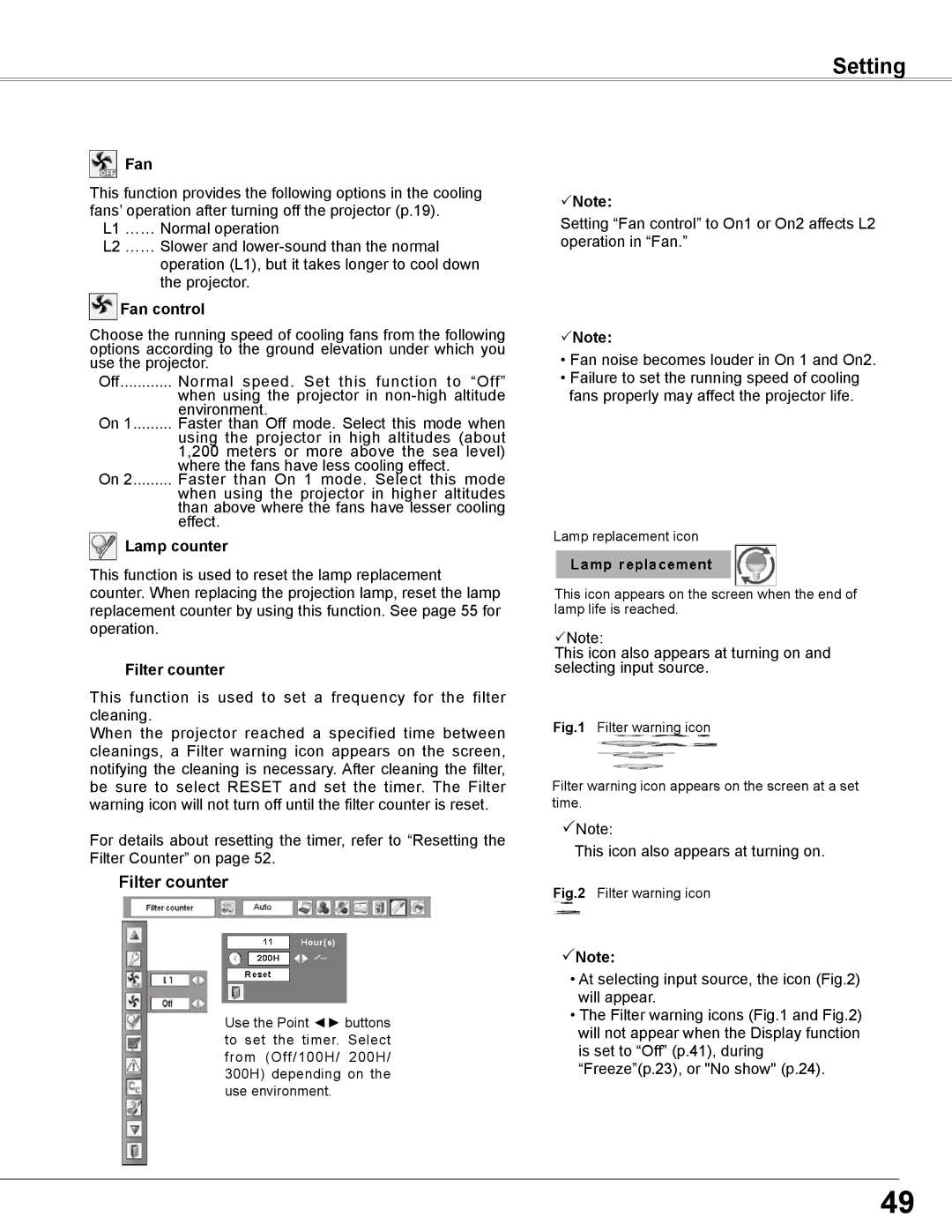 Sanyo PLC-WXE46 owner manual Fan control, Lamp counter, Filter counter 