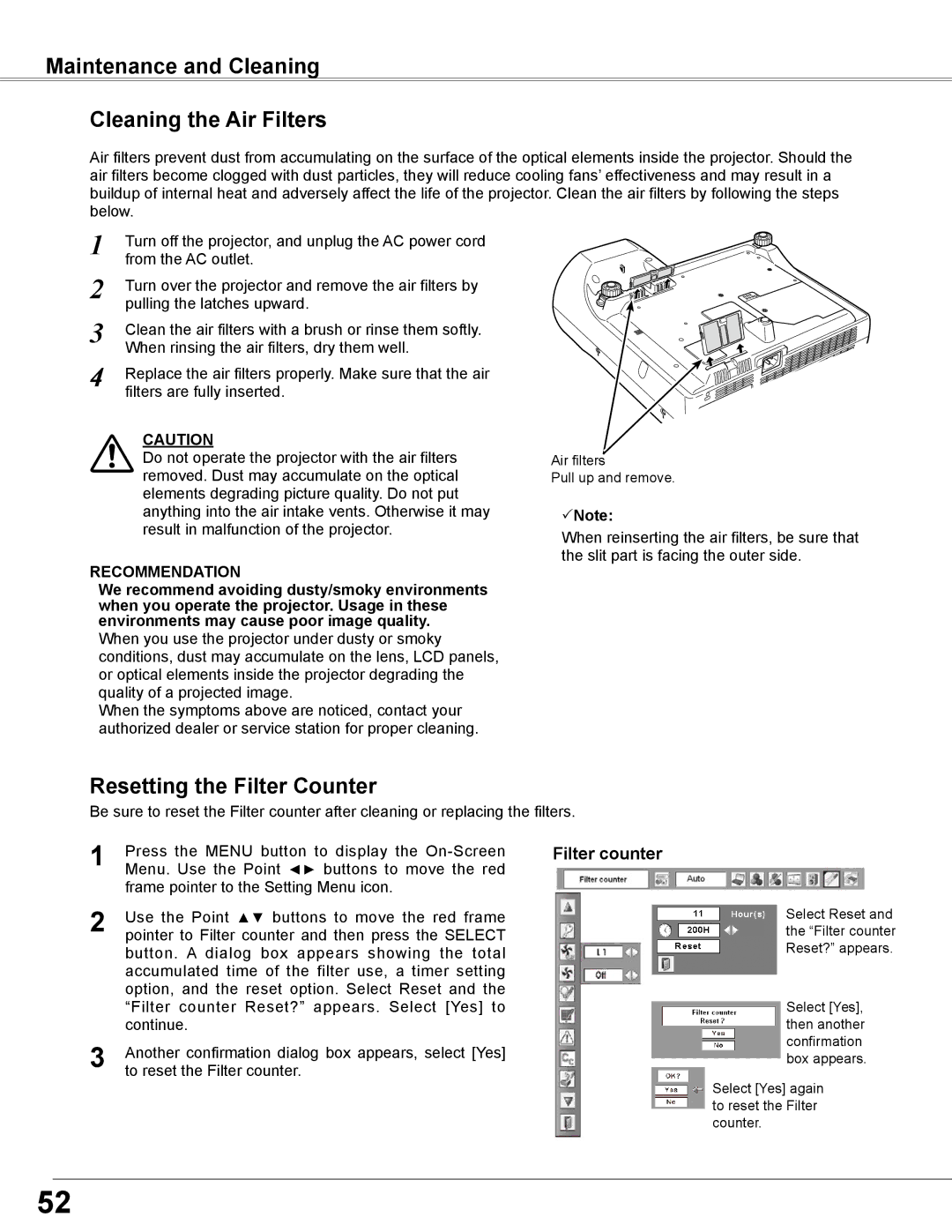 Sanyo PLC-WXE46 owner manual Maintenance and Cleaning Cleaning the Air Filters, Resetting the Filter Counter 