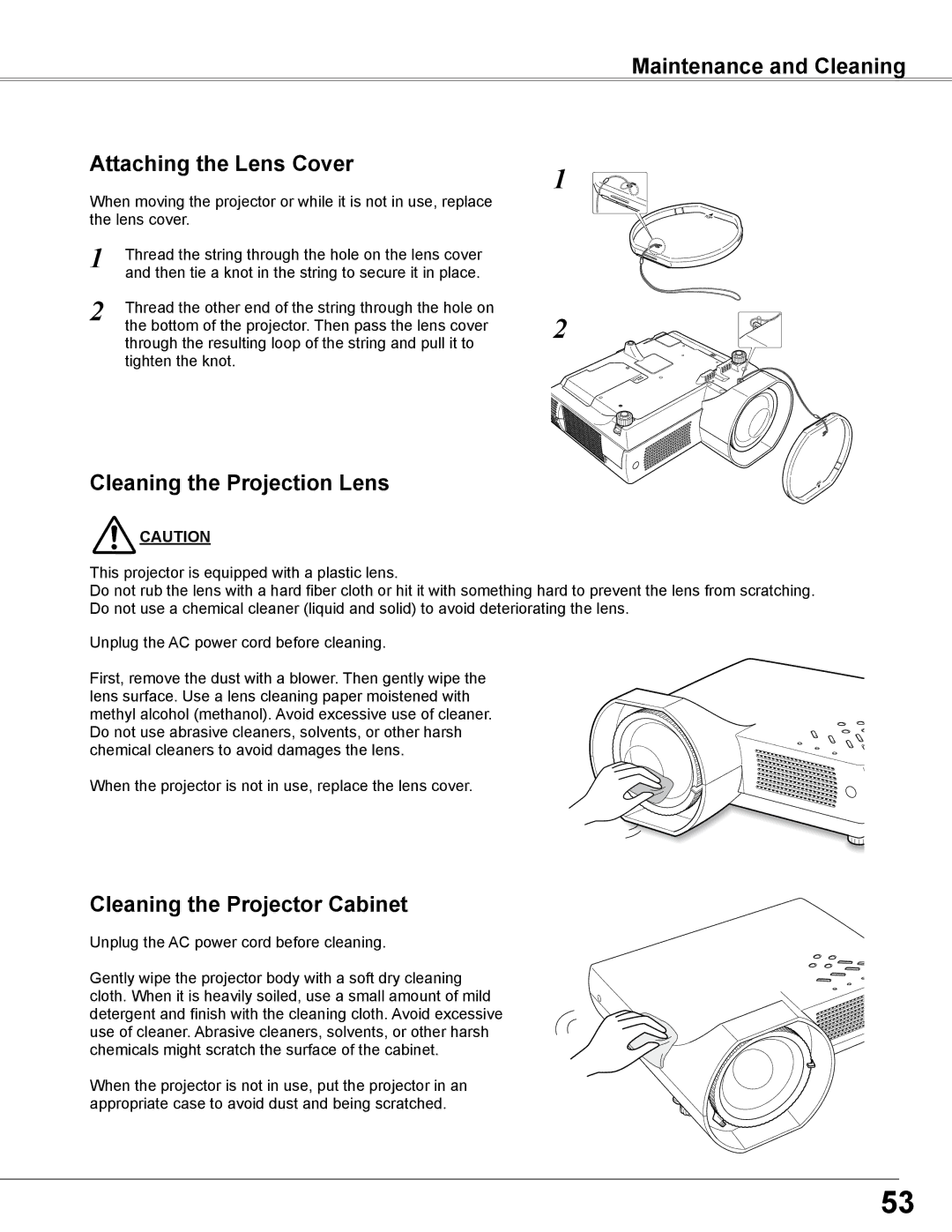 Sanyo PLC-WXE46 owner manual Maintenance and Cleaning Attaching the Lens Cover, Cleaning the Projection Lens 