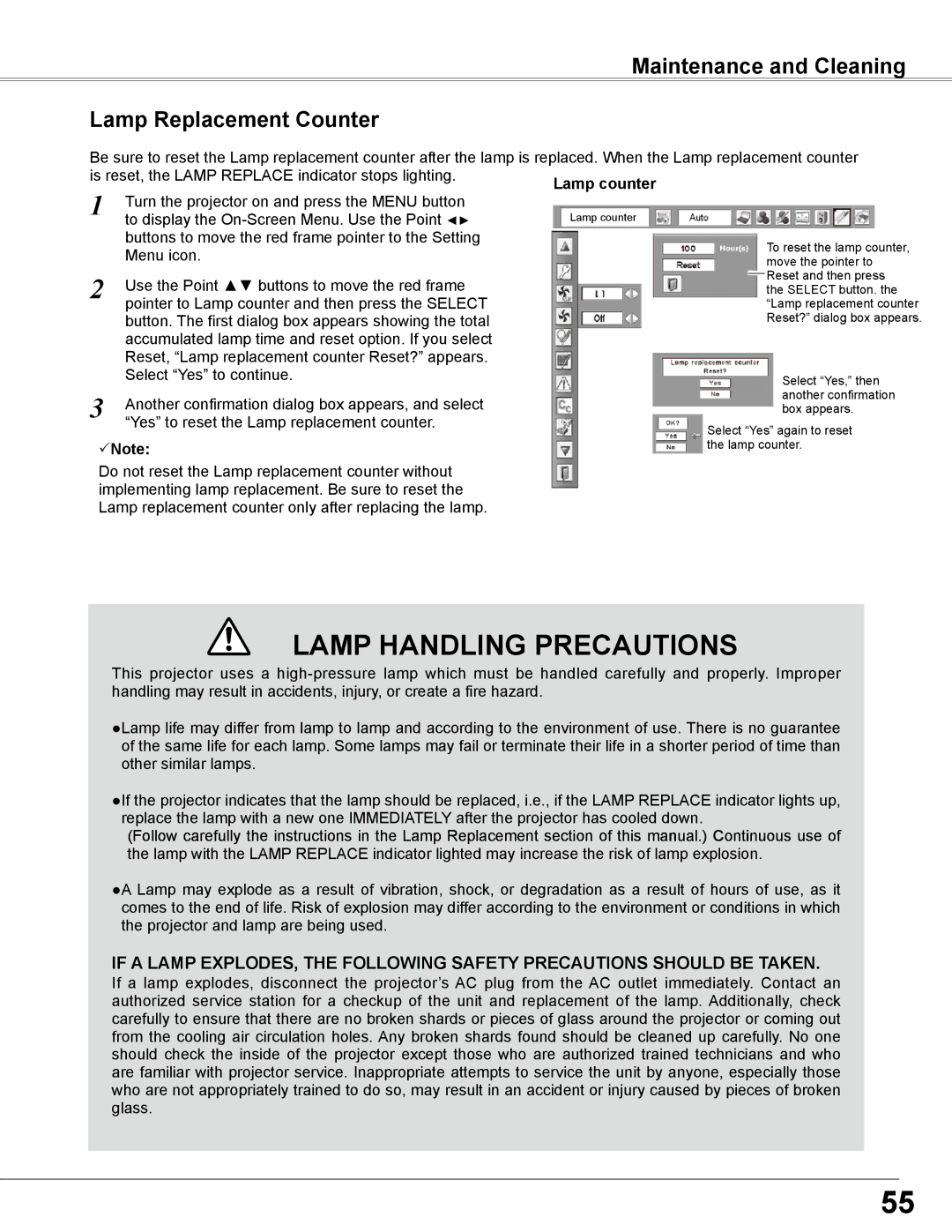 Sanyo PLC-WXE46 owner manual Lamp Handling Precautions, Maintenance and Cleaning Lamp Replacement Counter 