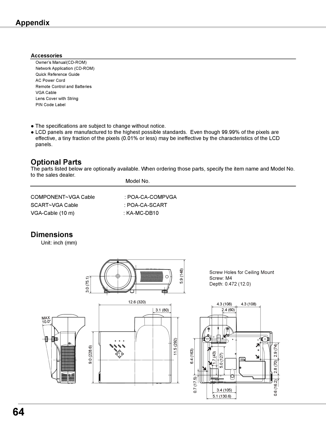 Sanyo PLC-WXE46 owner manual Optional Parts, Dimensions, Accessories 