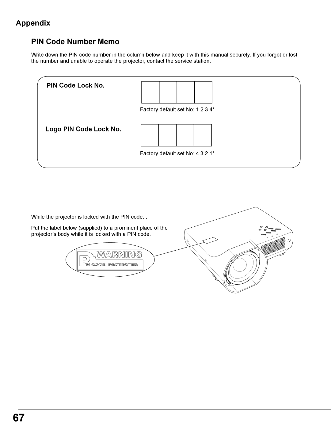 Sanyo PLC-WXE46 owner manual Appendix PIN Code Number Memo, Logo PIN Code Lock No 