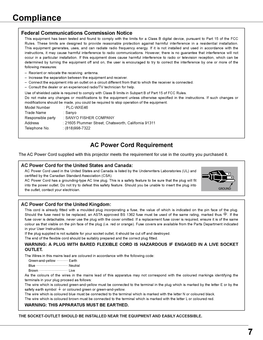 Sanyo PLC-WXE46 owner manual Compliance, AC Power Cord Requirement, Federal Communications Commission Notice 