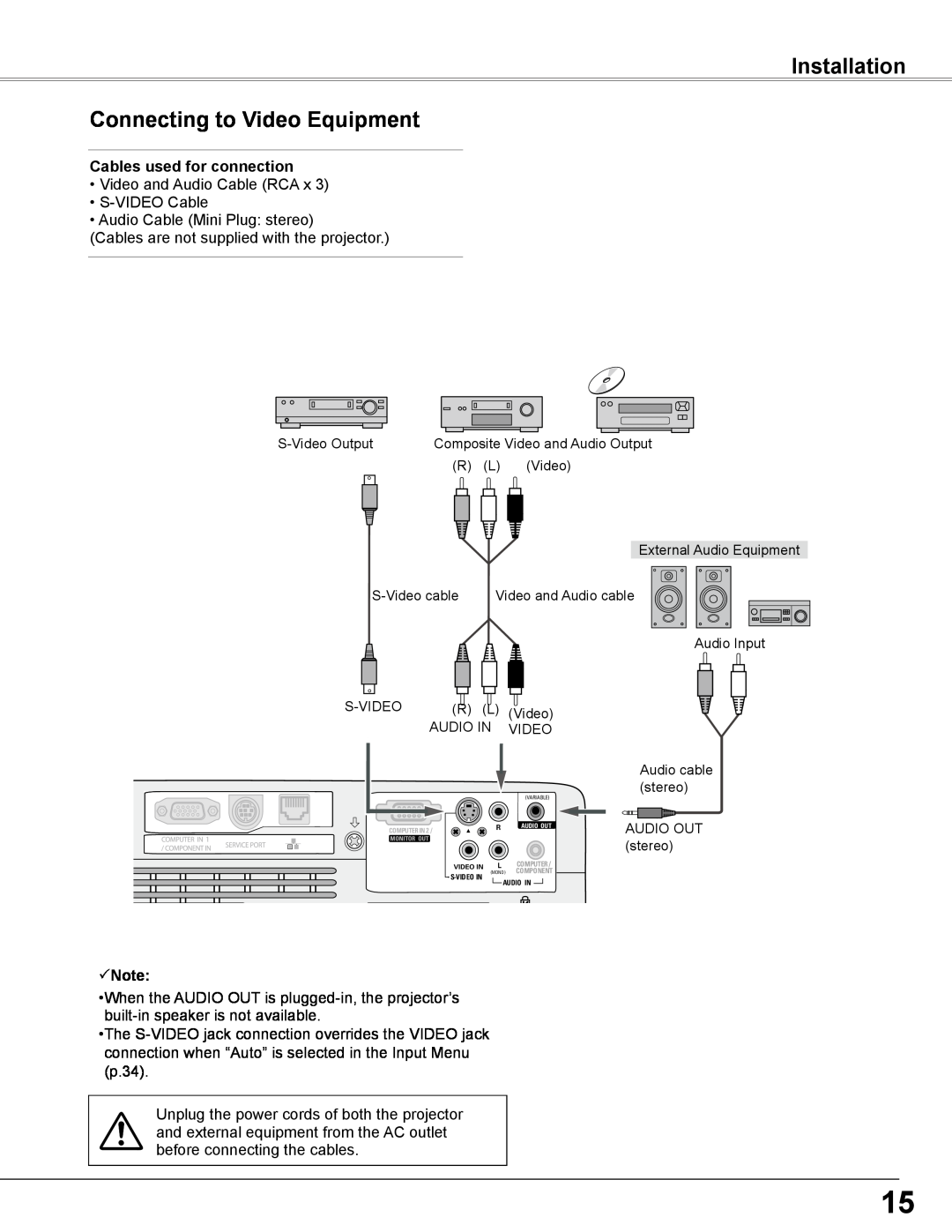 Sanyo PLC-WXL46 owner manual Installation Connecting to Video Equipment, Cables used for connection, Note 