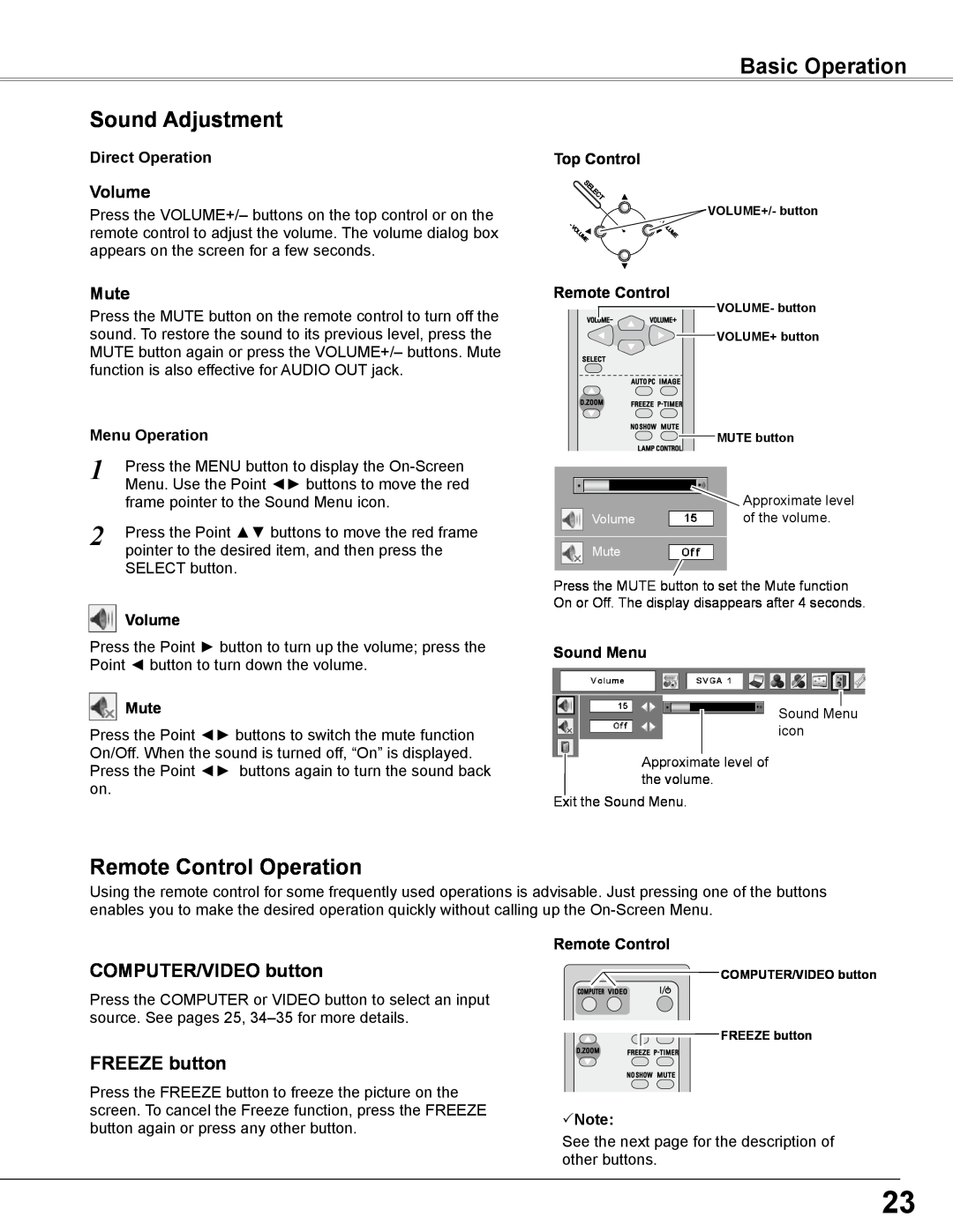 Sanyo PLC-WXL46 Sound Adjustment, Remote Control Operation, COMPUTER/VIDEO button, FREEZE button, Basic Operation, Volume 