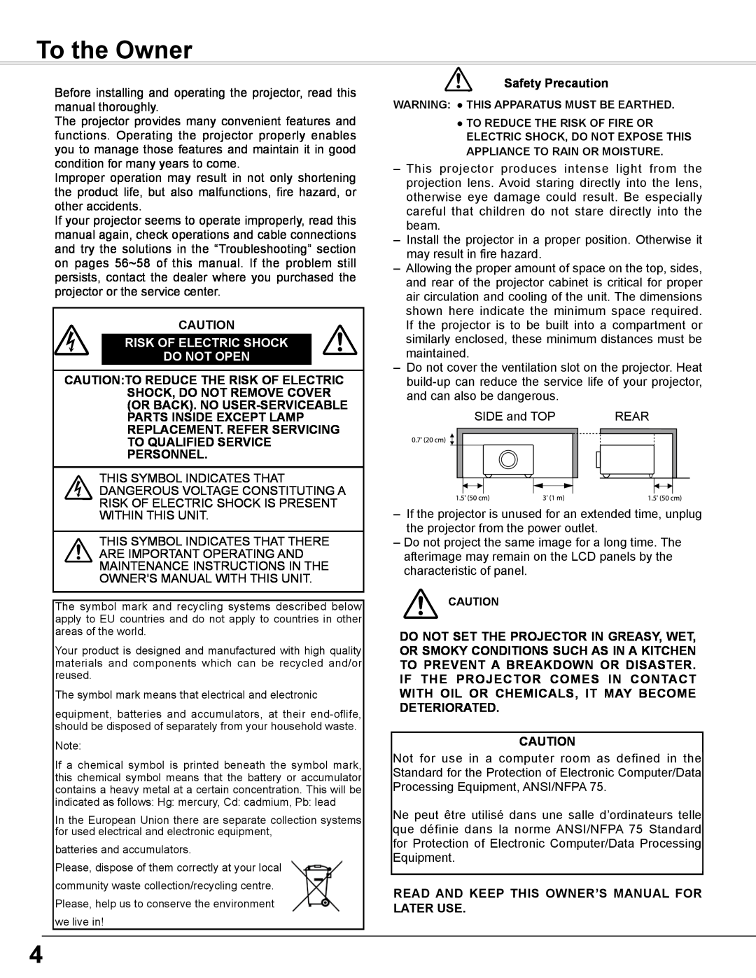Sanyo PLC-WXL46 owner manual To the Owner, Risk Of Electric Shock Do Not Open, Safety Precaution 