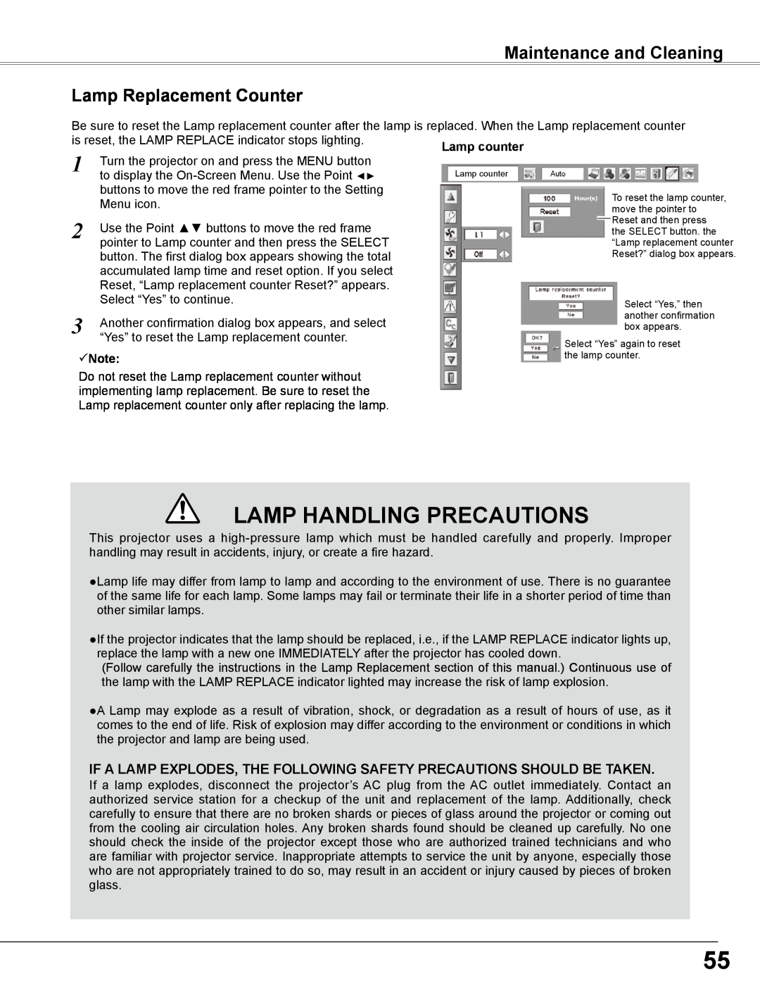 Sanyo PLC-WXL46 owner manual Lamp Handling Precautions, Maintenance and Cleaning Lamp Replacement Counter, Note 