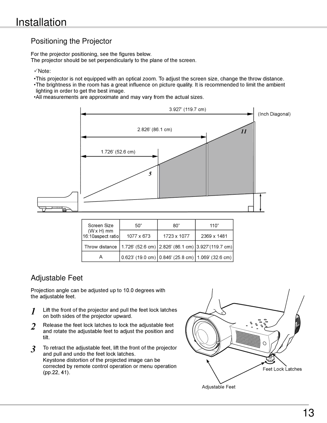 Sanyo PLC-WXL46 owner manual Installation, Positioning the Projector, Adjustable Feet 