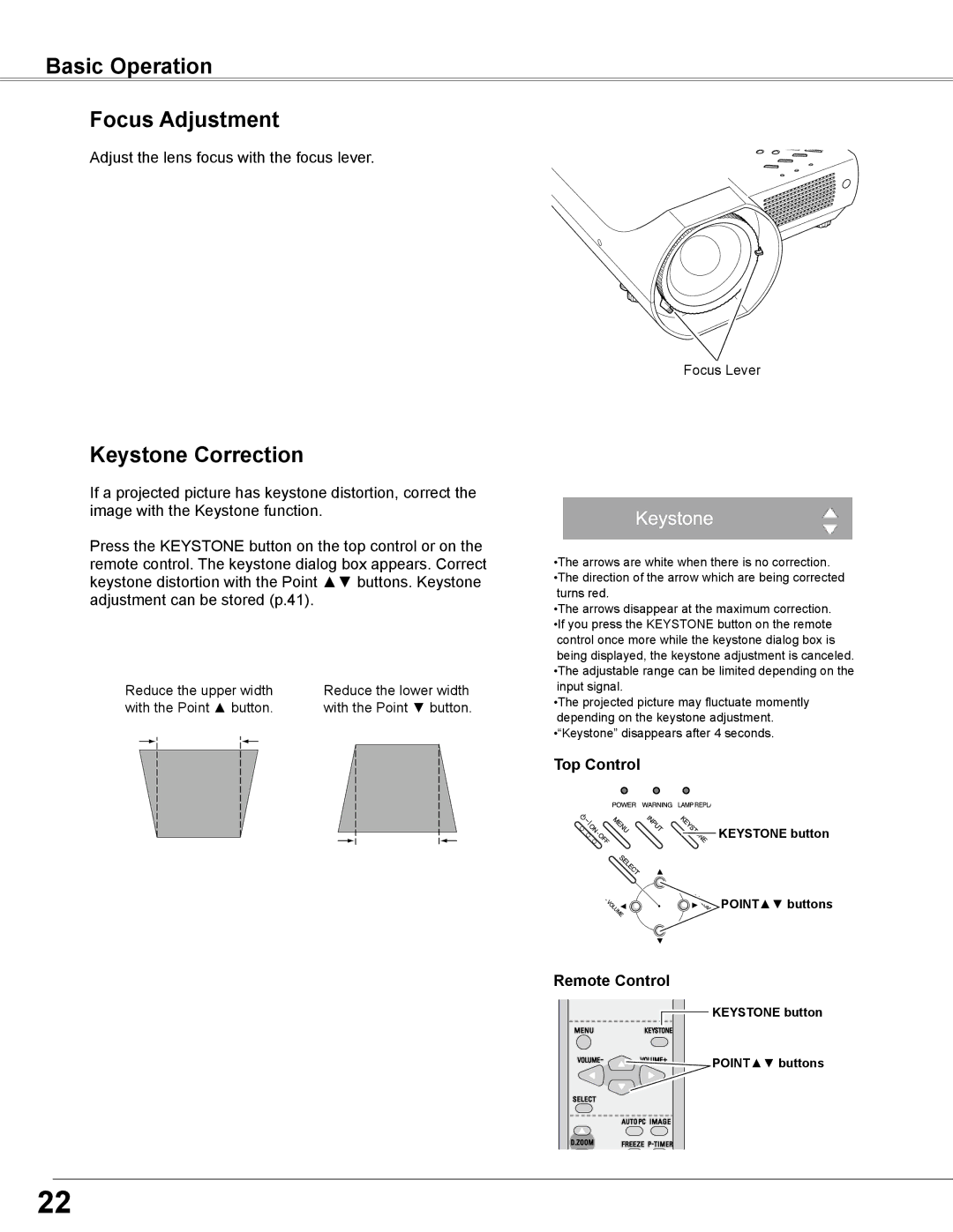 Sanyo PLC-WXL46 owner manual Basic Operation Focus Adjustment, Keystone Correction, Top Control, Remote Control 