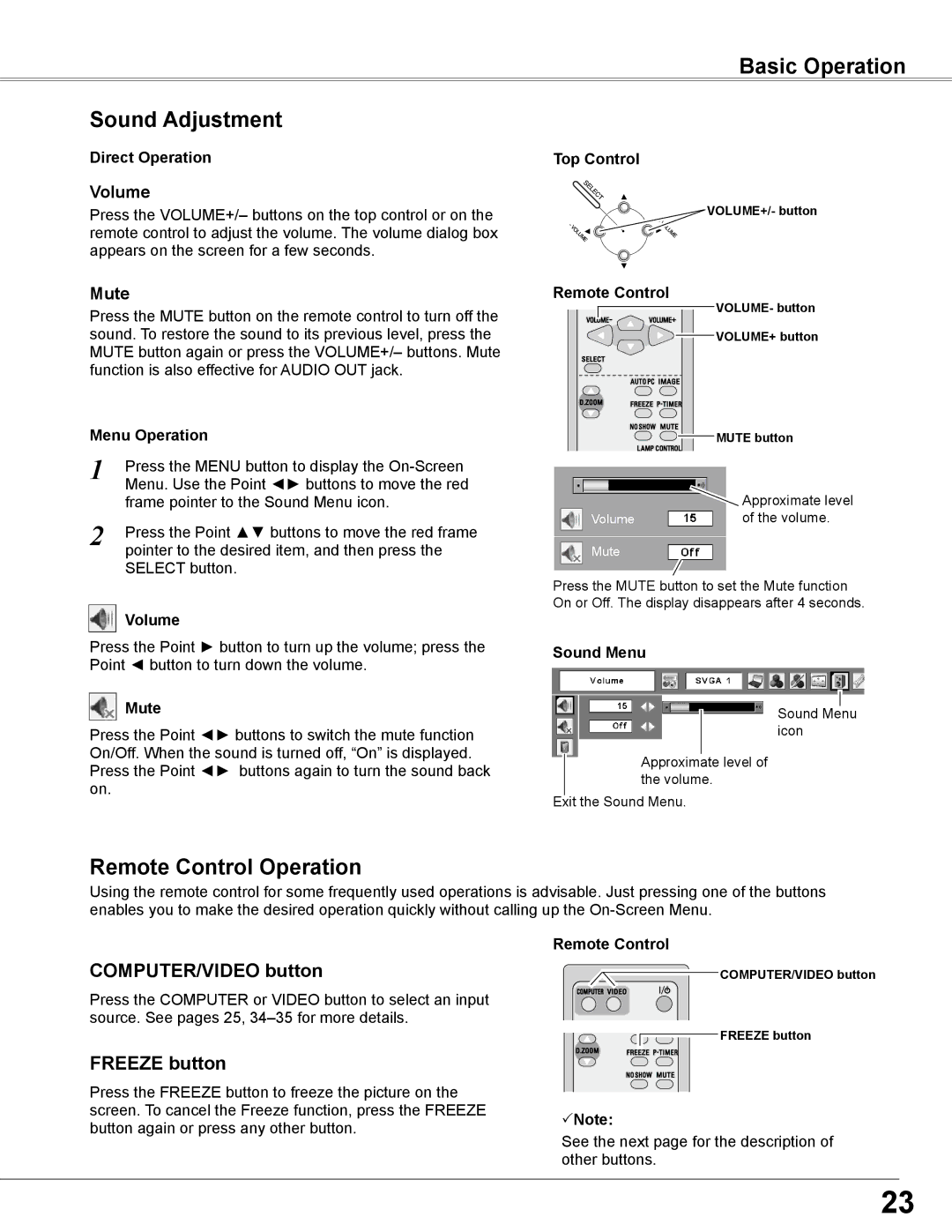 Sanyo PLC-WXL46 Basic Operation Sound Adjustment, Remote Control Operation, COMPUTER/VIDEO button, Freeze button 