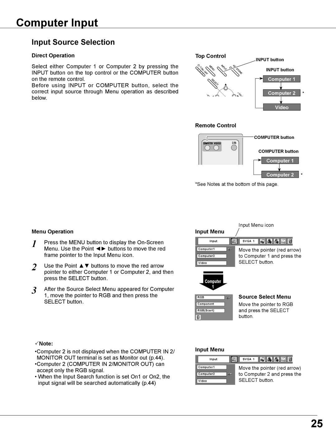 Sanyo PLC-WXL46 owner manual Computer Input, Input Source Selection, Input Menu, Source Select Menu 