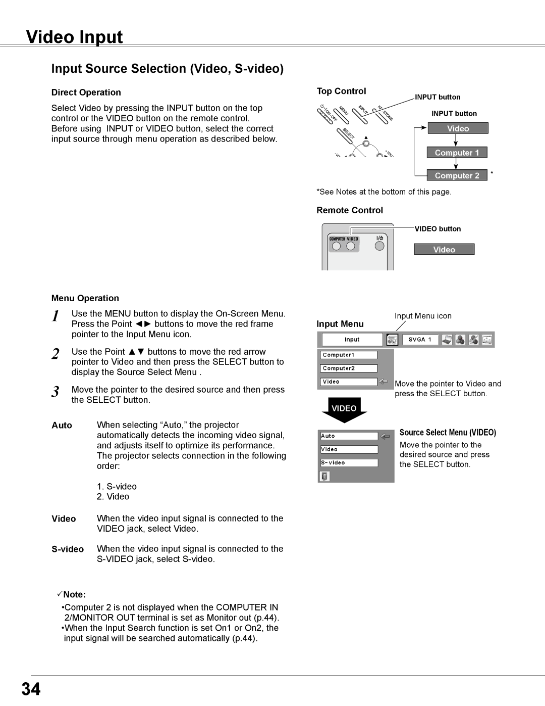 Sanyo PLC-WXL46 owner manual Video Input, Input Source Selection Video, S-video, Remote Control Menu Operation 