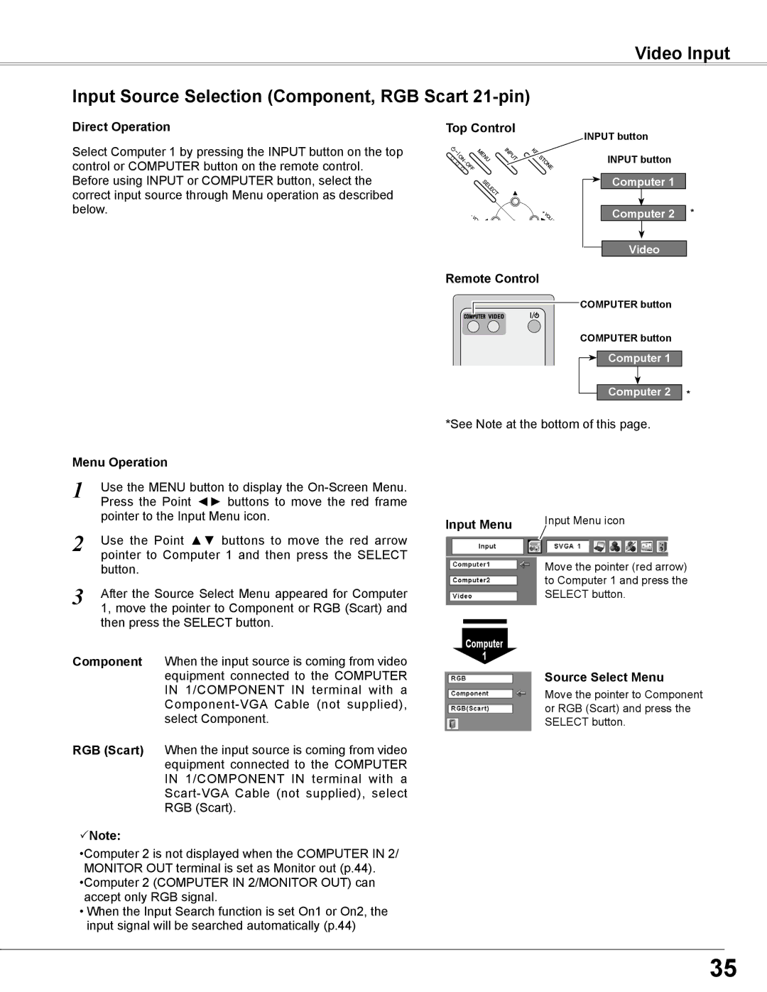 Sanyo PLC-WXL46 owner manual Pointer to Computer 1 and then press the Select 