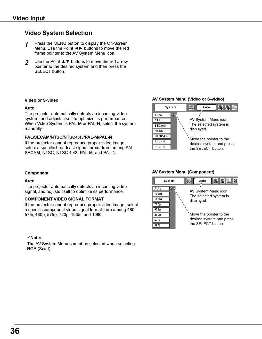 Sanyo PLC-WXL46 Video Input Video System Selection, Video or S-video Auto, Component Auto, AV System Menu Video or S-video 