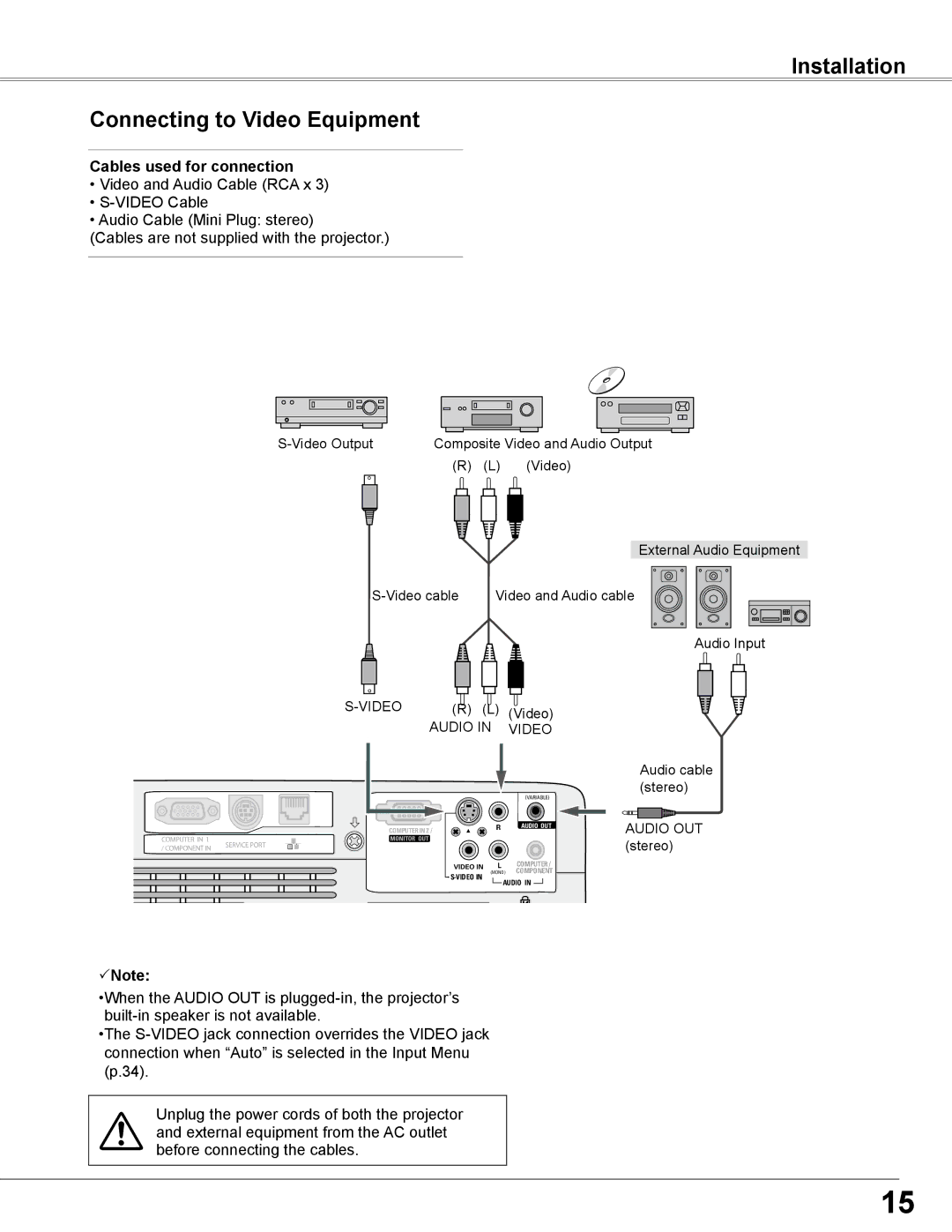 Sanyo PLC-WXL46 owner manual Installation Connecting to Video Equipment, Audio Video 