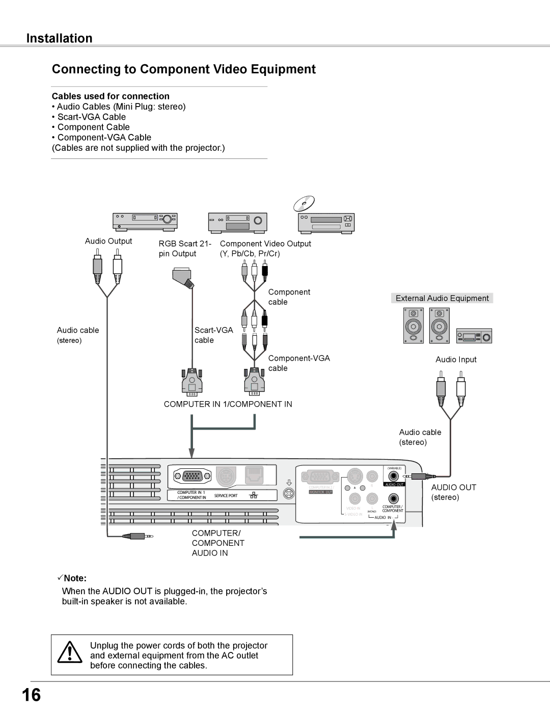 Sanyo PLC-WXL46 owner manual Installation Connecting to Component Video Equipment 