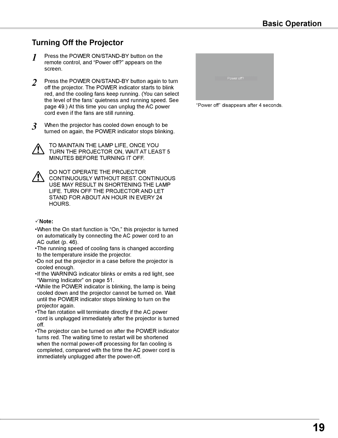 Sanyo PLC-WXL46 owner manual Basic Operation Turning Off the Projector 