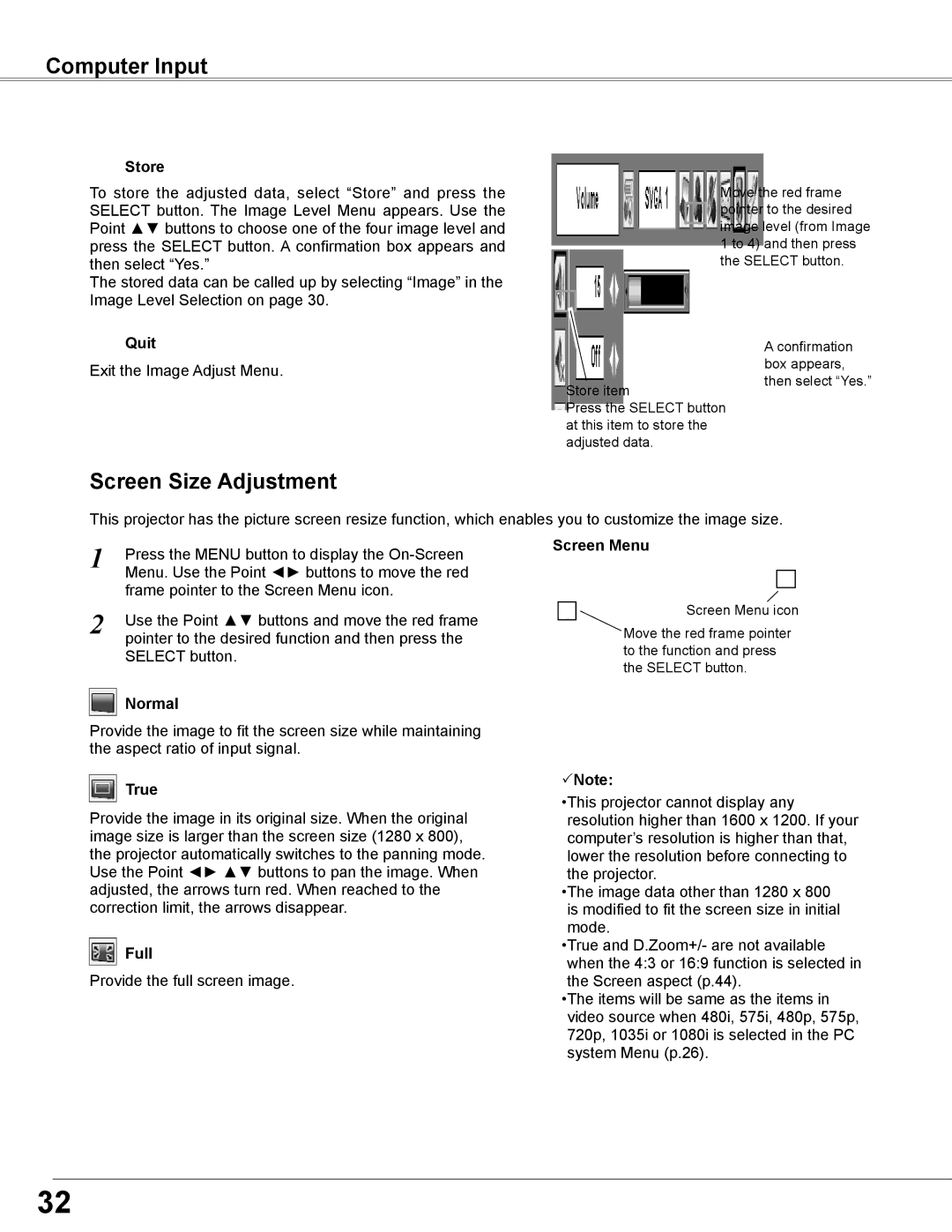 Sanyo PLC-WXL46 owner manual Screen Size Adjustment, Normal, True, Full, Screen Menu 