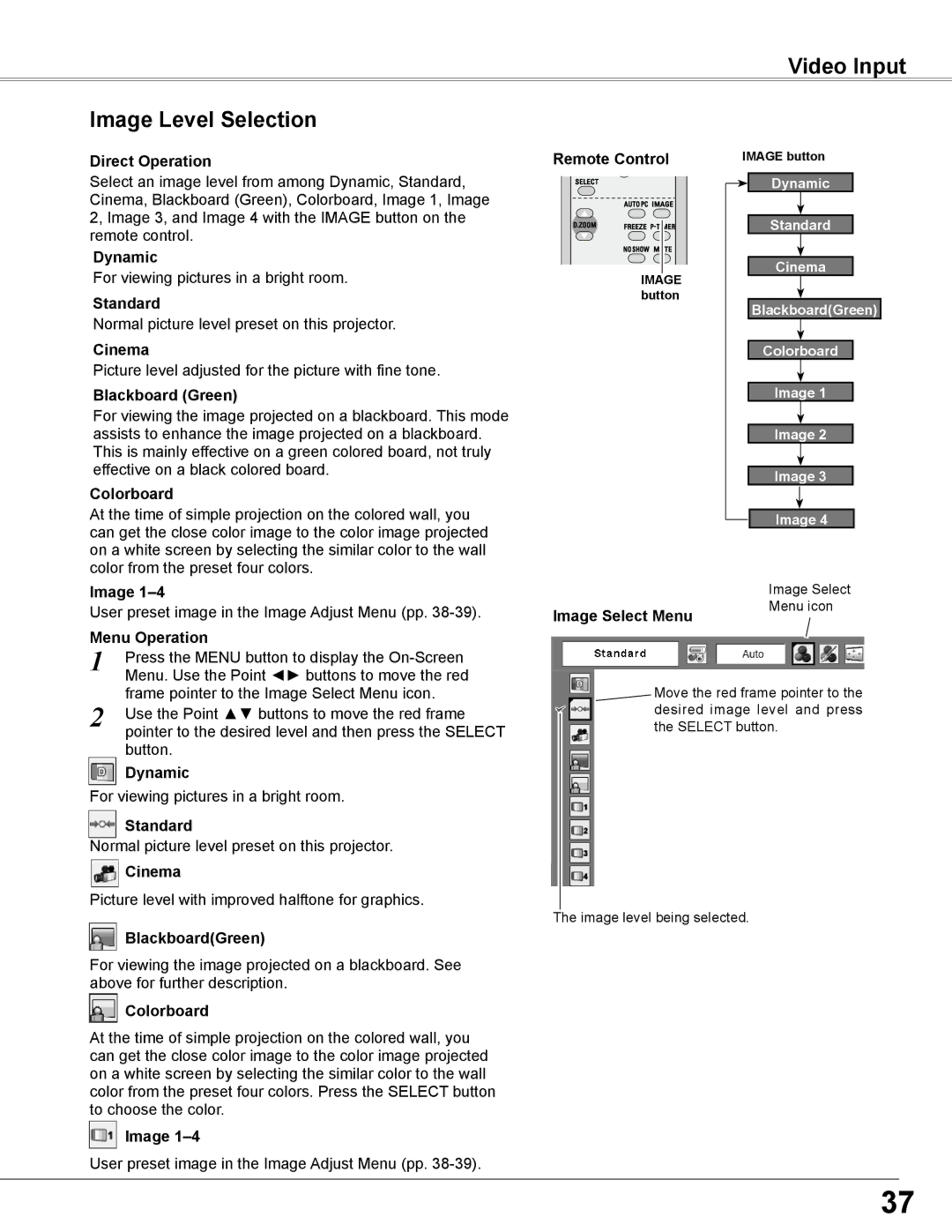 Sanyo PLC-WXL46 owner manual Video Input Image Level Selection, Cinema 