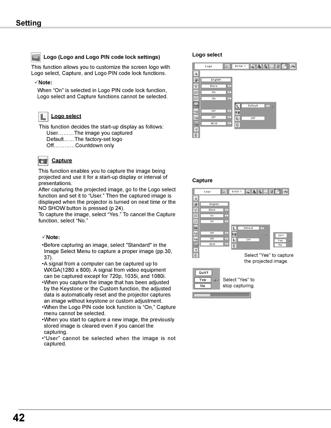 Sanyo PLC-WXL46 owner manual Settin, Loo Loo and Loo PIN code lock settins, Loo select Capture 