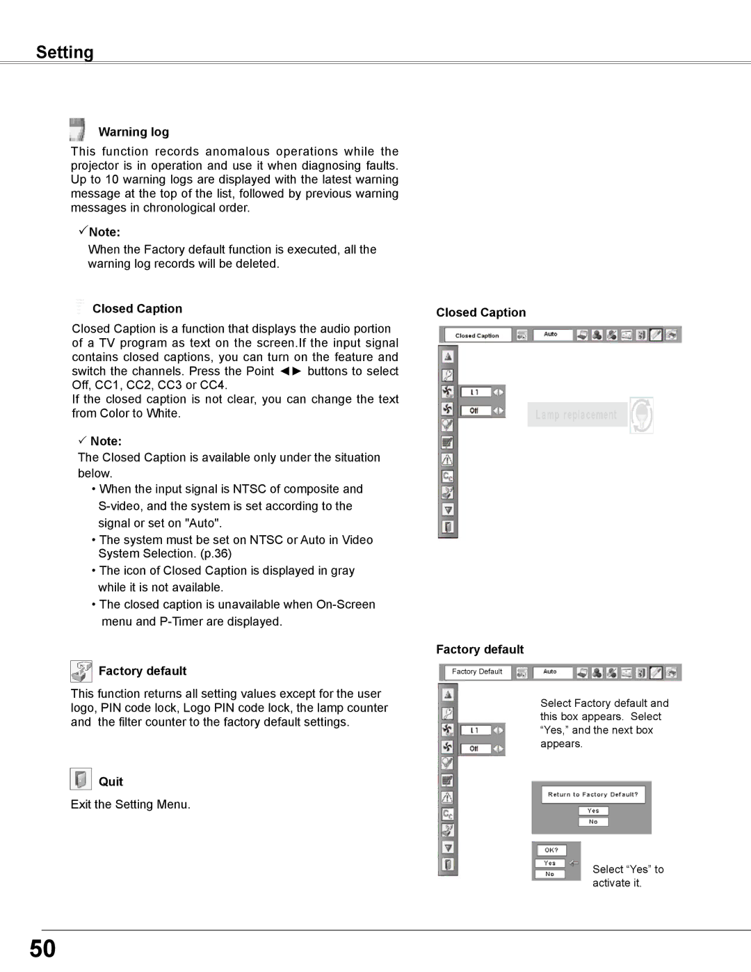 Sanyo PLC-WXL46 owner manual Warnin lo,  Note, Closed Caption Factory default 