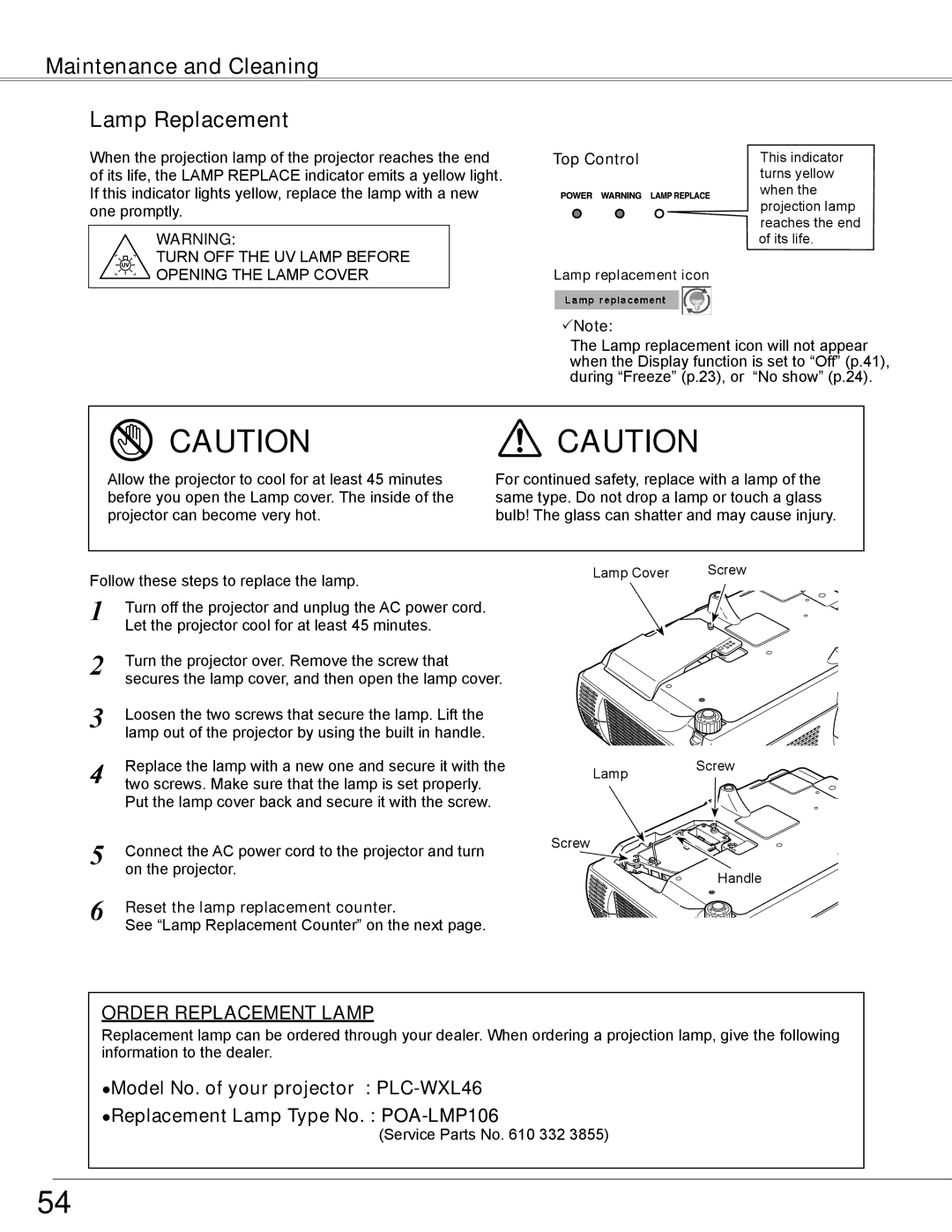 Sanyo PLC-WXL46 owner manual Maintenance and Cleaning Lamp Replacement, Reset the lamp replacement counter 