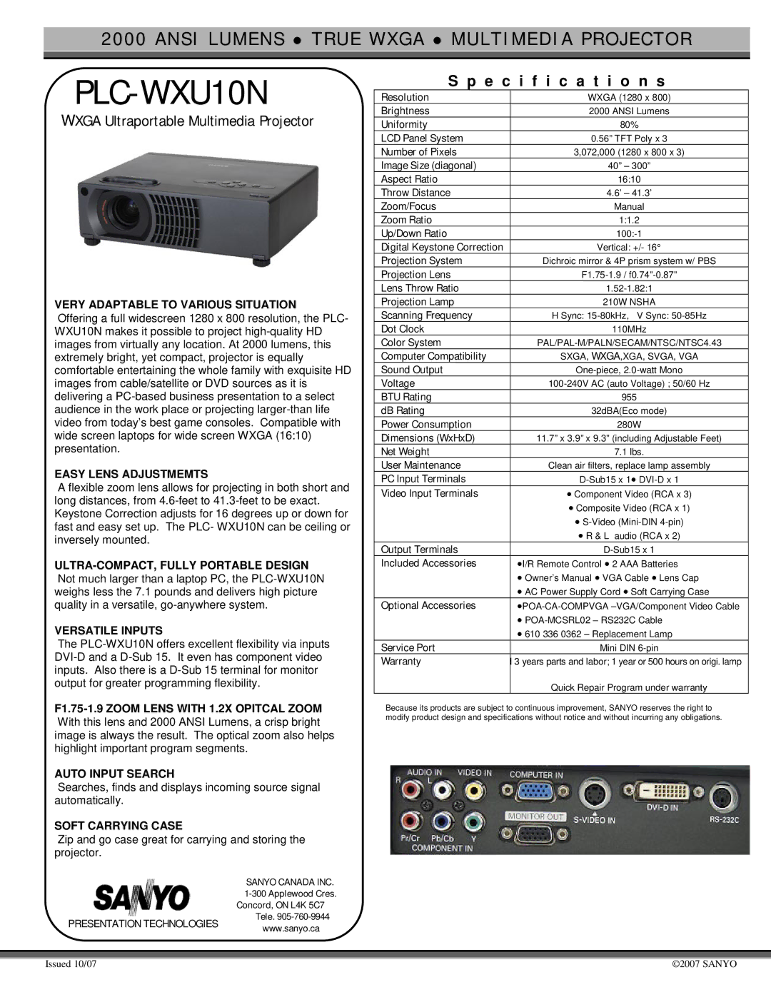 Sanyo PLC-WXU10N specifications Very Adaptable to Various Situation, Easy Lens Adjustmemts, Versatile Inputs 