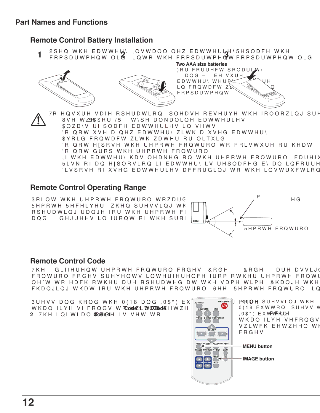 Sanyo PLC-WXU300K Remote Control Operating Range, Remote Control Code, Two AAA size batteries, Menu button Image button 