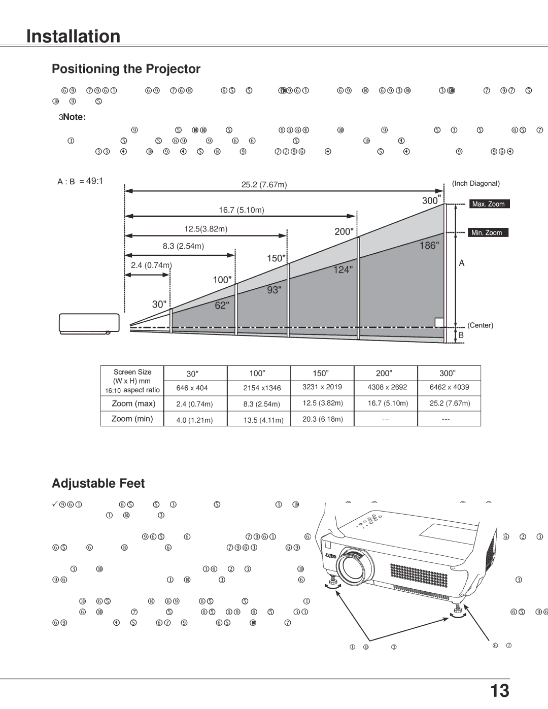 Sanyo PLC-WXU300K owner manual Installation, Positioning the Projector, Adjustable Feet 