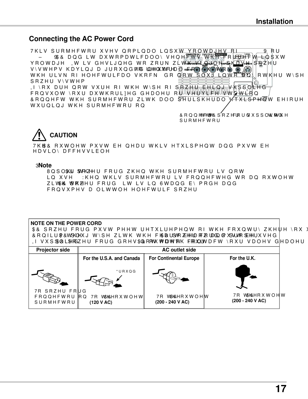 Sanyo PLC-WXU300K owner manual Installation Connecting the AC Power Cord, Note, Projector side AC outlet side 