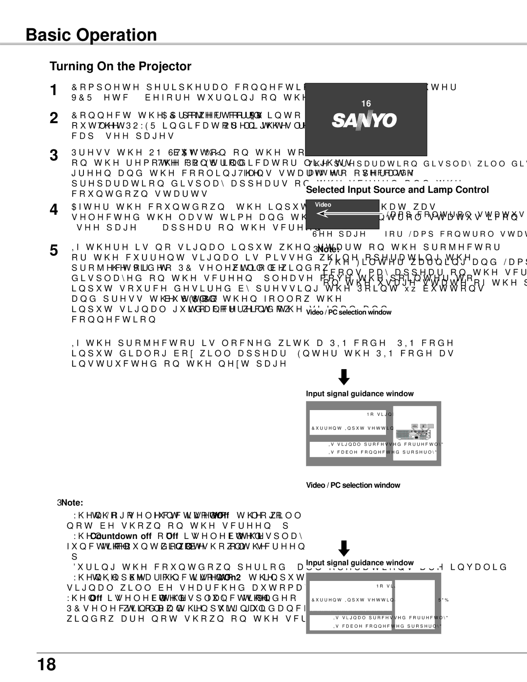 Sanyo PLC-WXU300K owner manual Basic Operation, Turning On the Projector, Selected Input Source and Lamp Control 