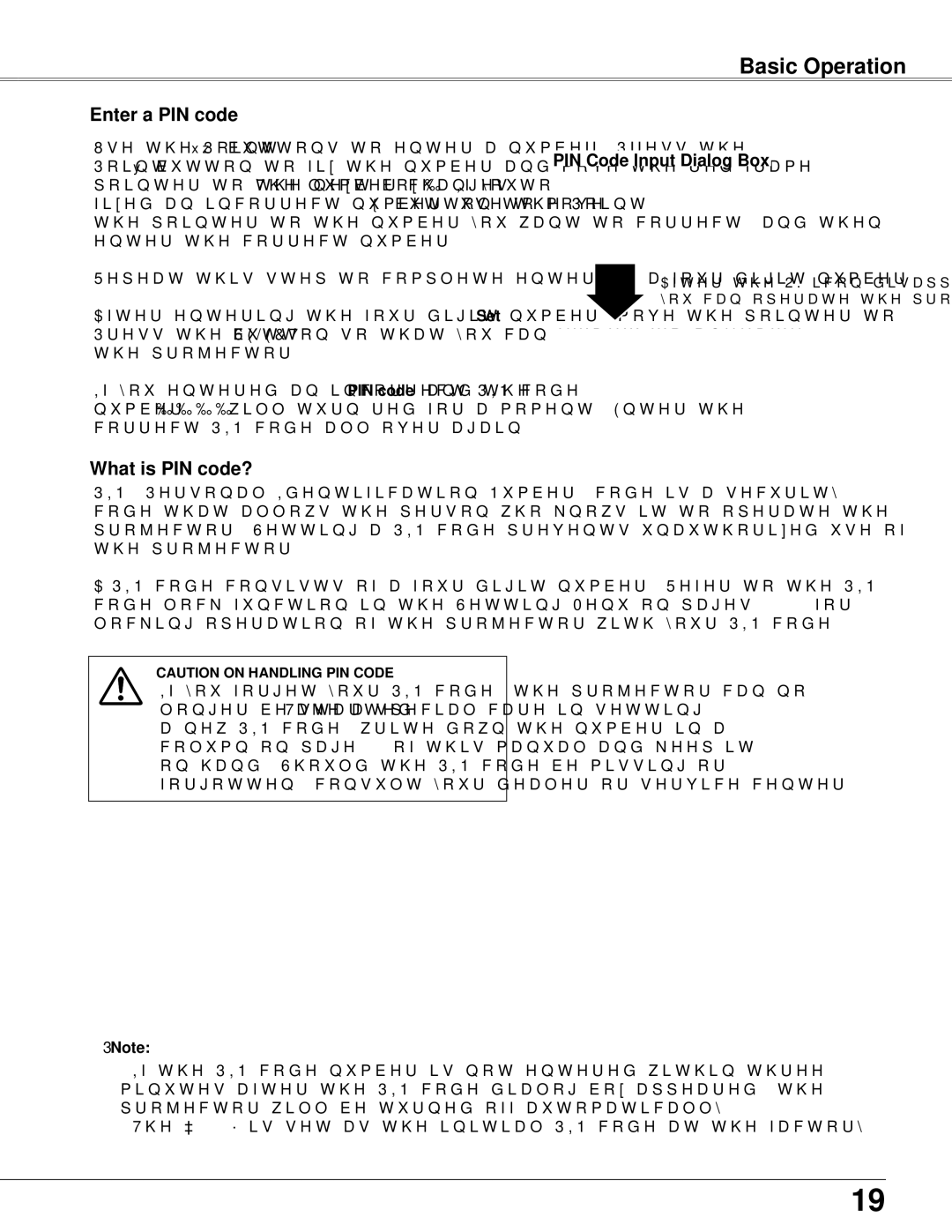 Sanyo PLC-WXU300K owner manual Basic Operation, Enter a PIN code, What is PIN code?, PIN Code Input Dialog Box 