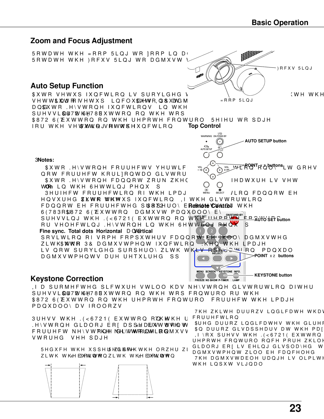 Sanyo PLC-WXU300K owner manual Basic Operation Zoom and Focus Adjustment, Auto Setup Function, Keystone Correction, Notes 