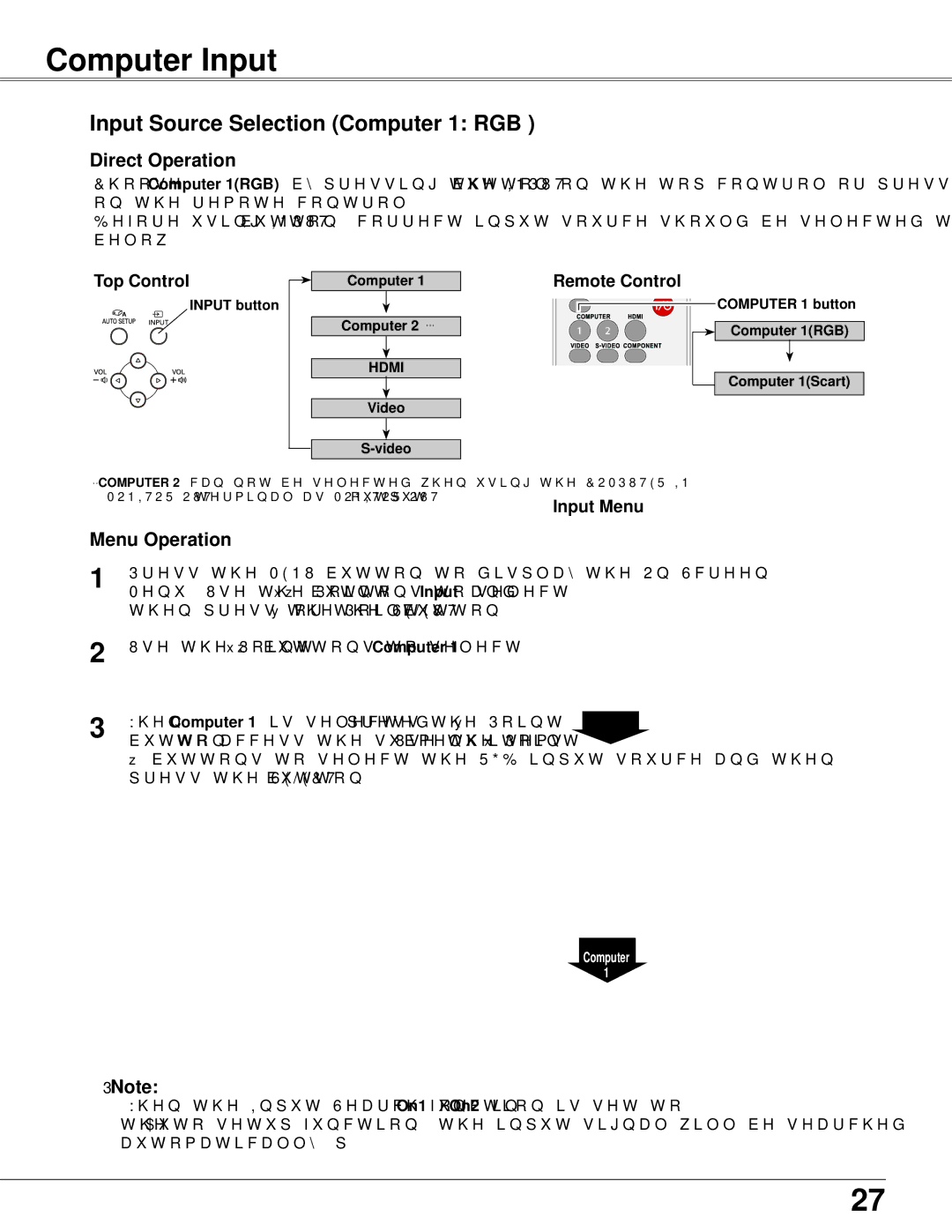 Sanyo PLC-WXU300K owner manual Computer Input, Input Source Selection Computer 1 RGB, Input Menu 