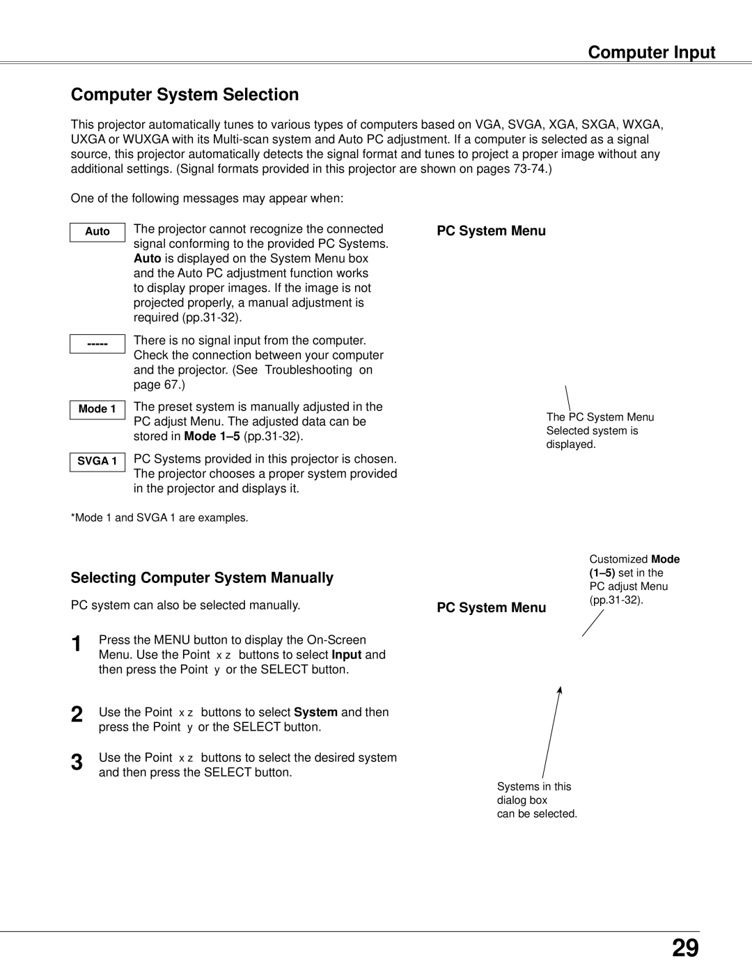 Sanyo PLC-WXU300K Computer Input Computer System Selection, Selecting Computer System Manually, PC System Menu, Auto Mode 