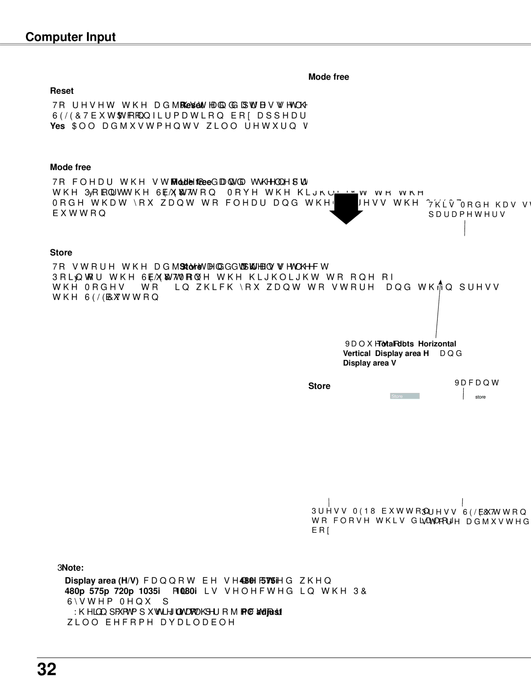 Sanyo PLC-WXU300K owner manual Computer Input, Reset, Mode free, Store, Note Display area H/V cannot be selected when 480i 