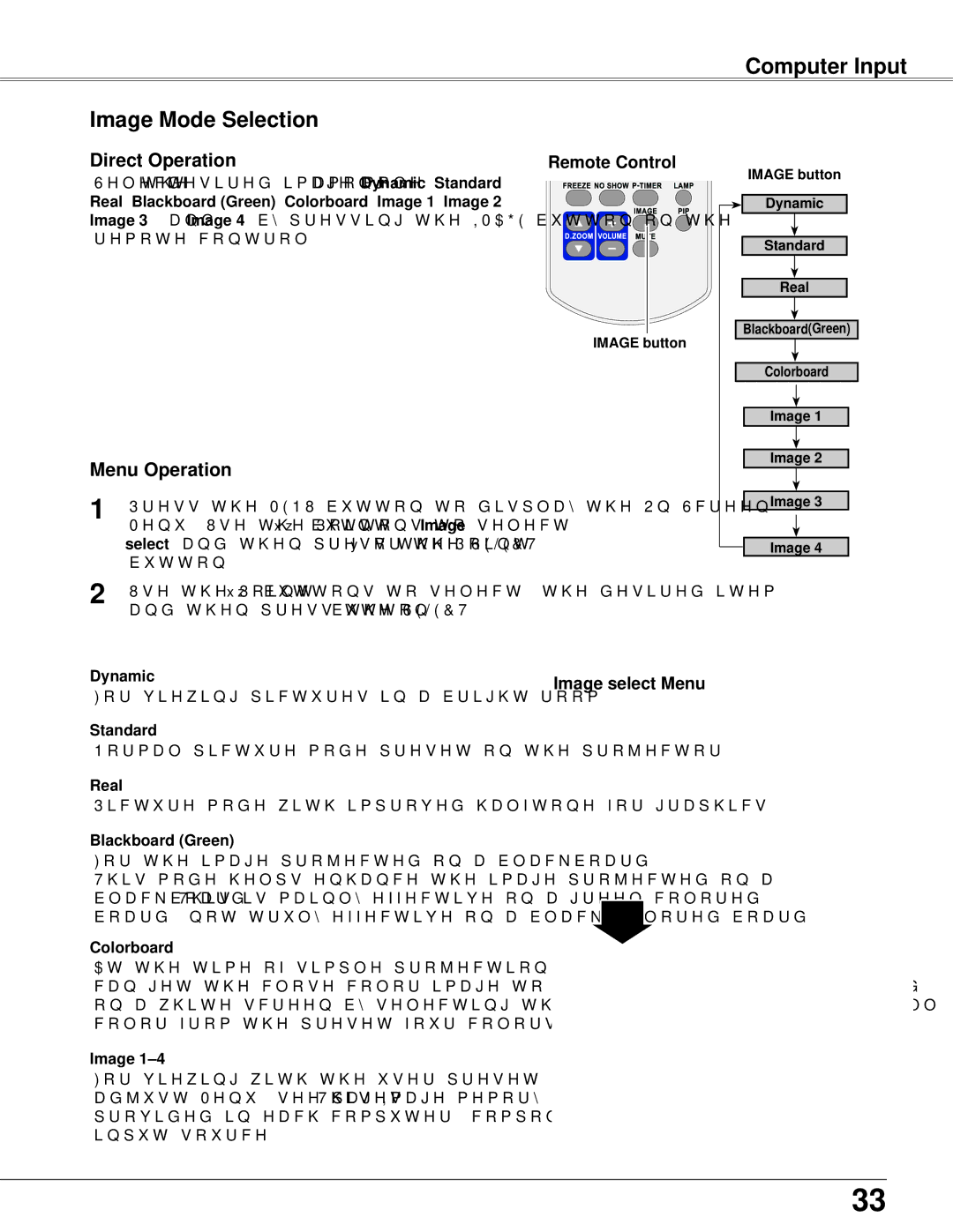 Sanyo PLC-WXU300K owner manual Computer Input Image Mode Selection, Image select Menu 