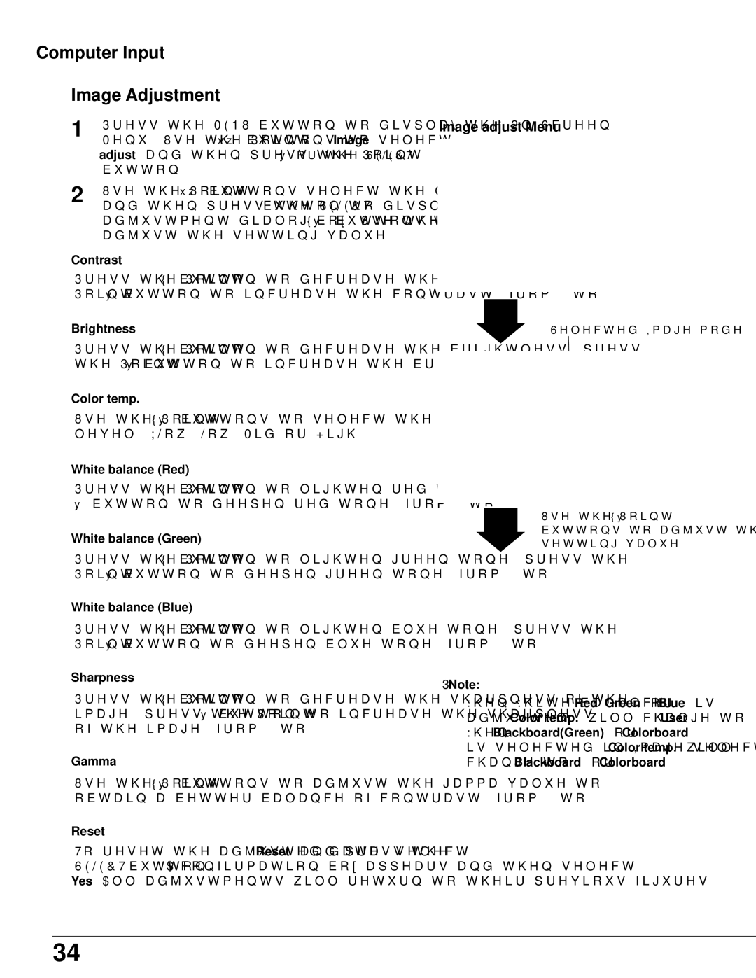 Sanyo PLC-WXU300K owner manual Computer Input Image Adjustment, Image adjust Menu 