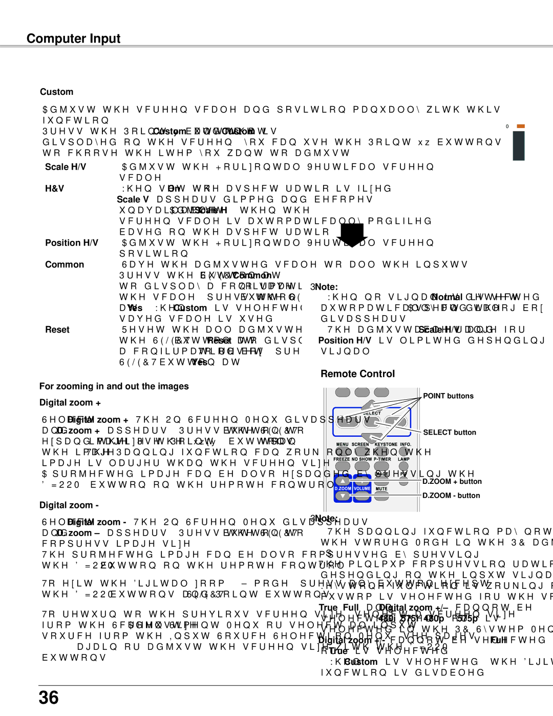 Sanyo PLC-WXU300K owner manual Custom, Position H/V, For zooming in and out the images Digital zoom + 