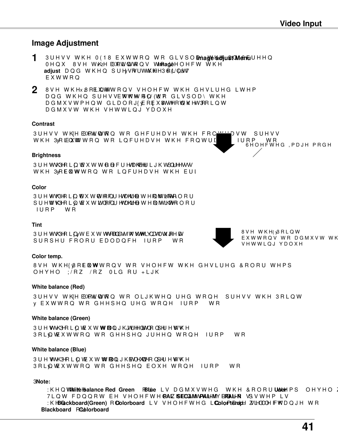 Sanyo PLC-WXU300K owner manual Video Input Image Adjustment, Tint, Blackboard or Colorboard 