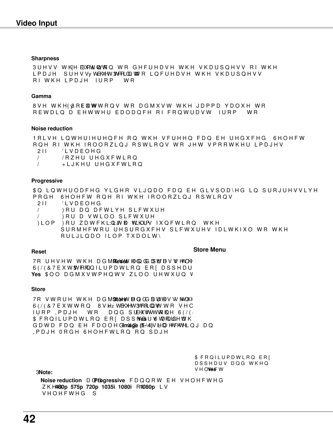 Sanyo PLC-WXU300K owner manual Video Input, Store Menu, Noise reduction, Progressive 