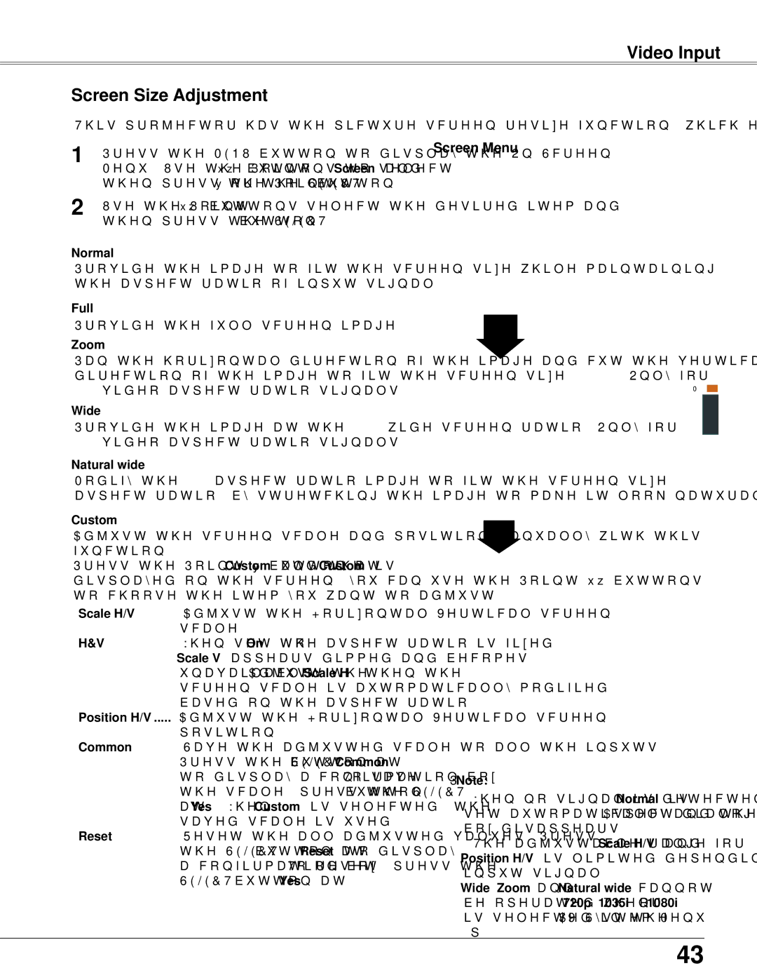 Sanyo PLC-WXU300K owner manual Video Input Screen Size Adjustment, Screen Menu, Zoom, Wide, Natural wide 