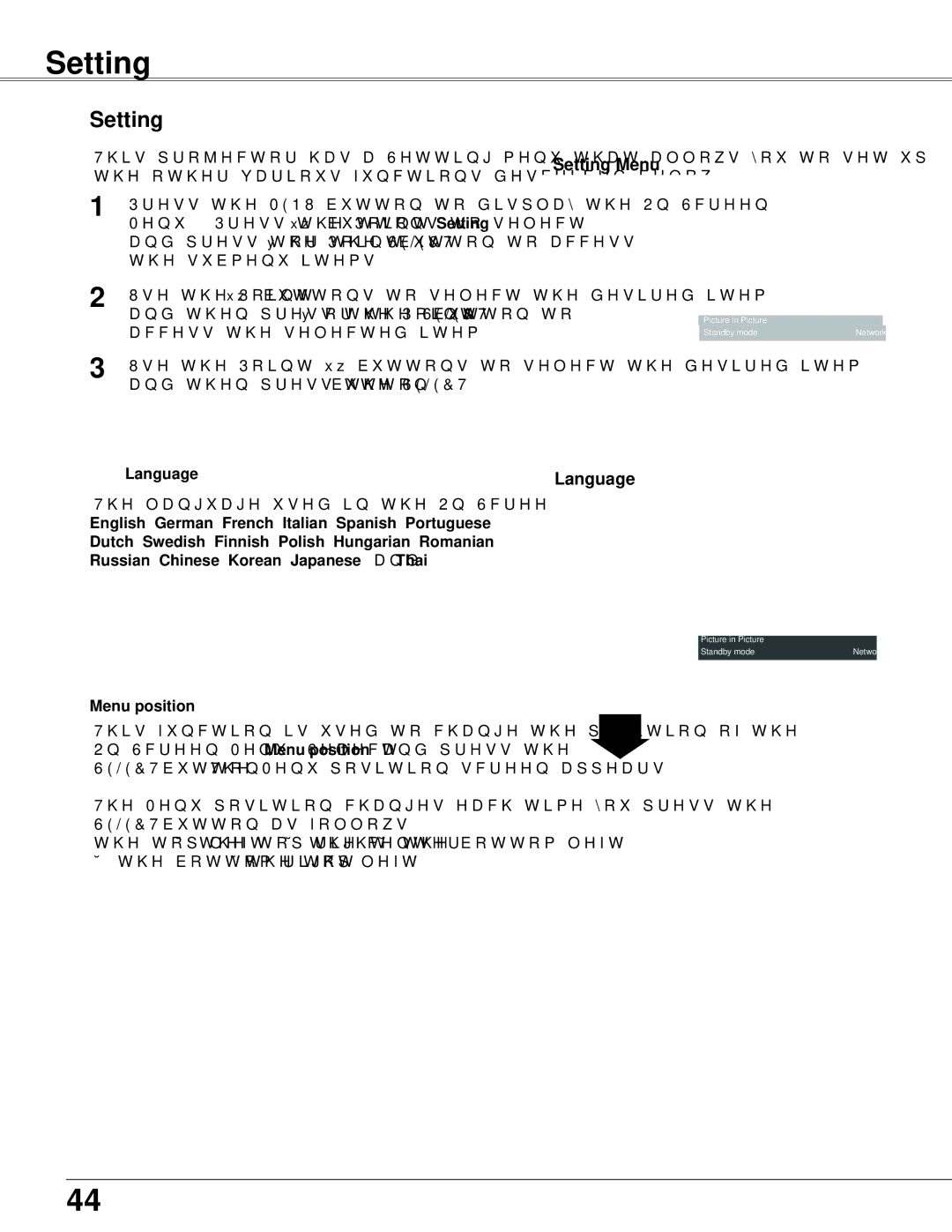 Sanyo PLC-WXU300K owner manual Setting Menu, Language 