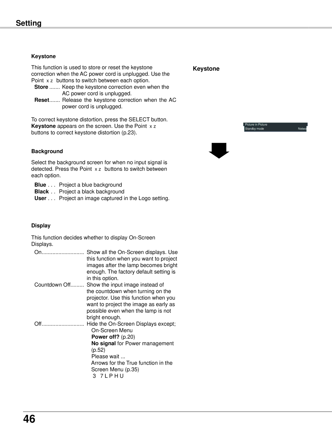 Sanyo PLC-WXU300K owner manual Keystone, Background, Display, Power off? p.20 